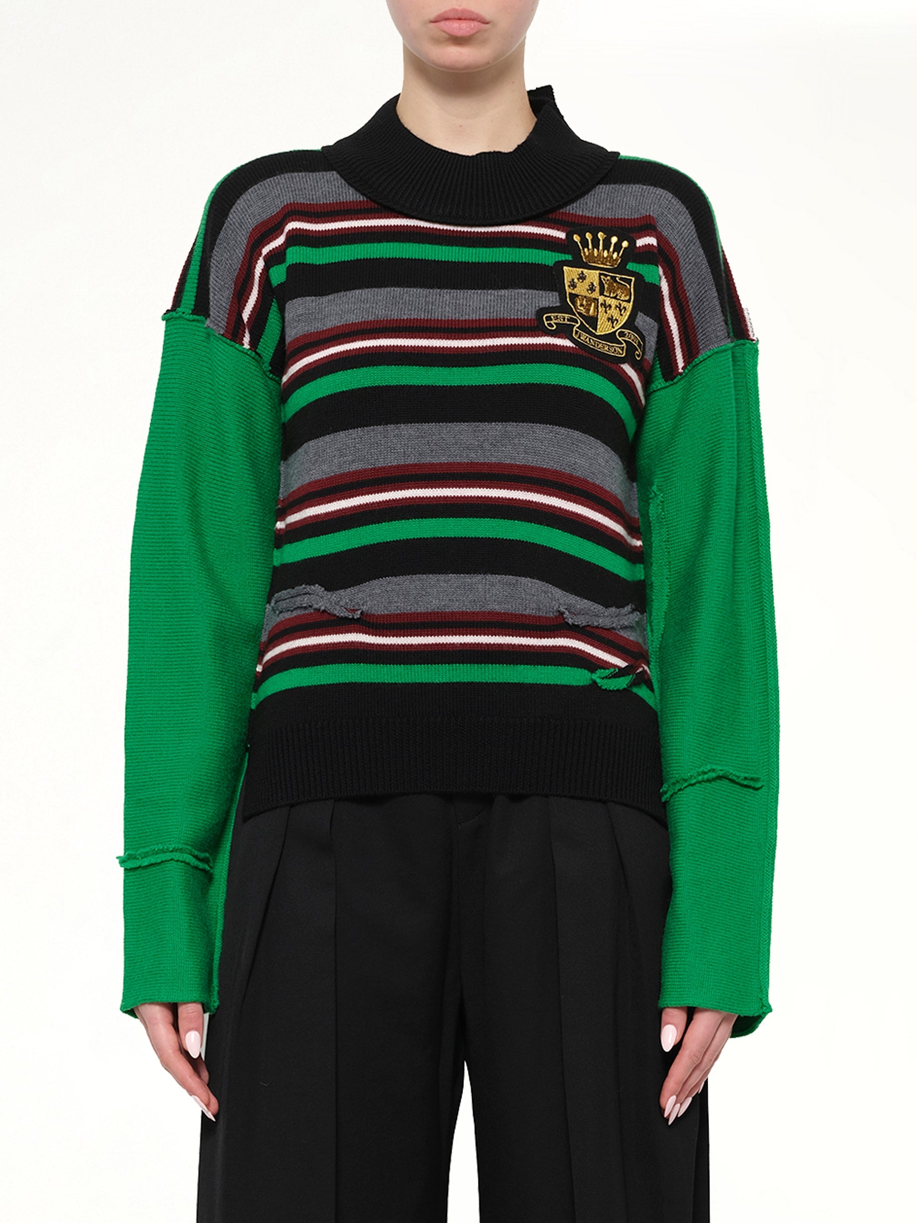 Image of a model wearing Outerwear. Product name - Stripe Knit in Green colour by brand - JWA