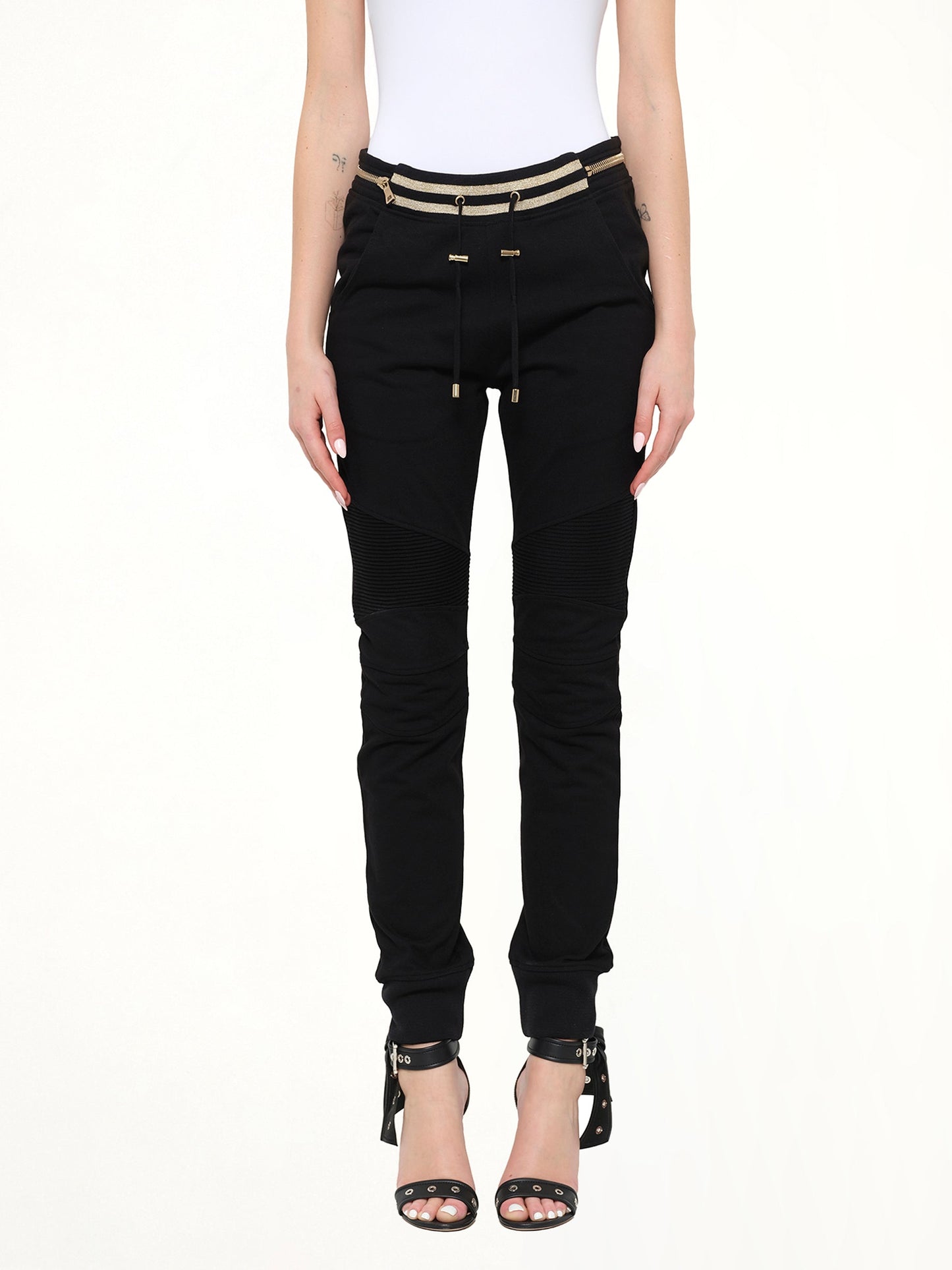 Image of a model wearing Pants. Product name - Jersey Biker Zip in 176 colour by brand - BALMAIN