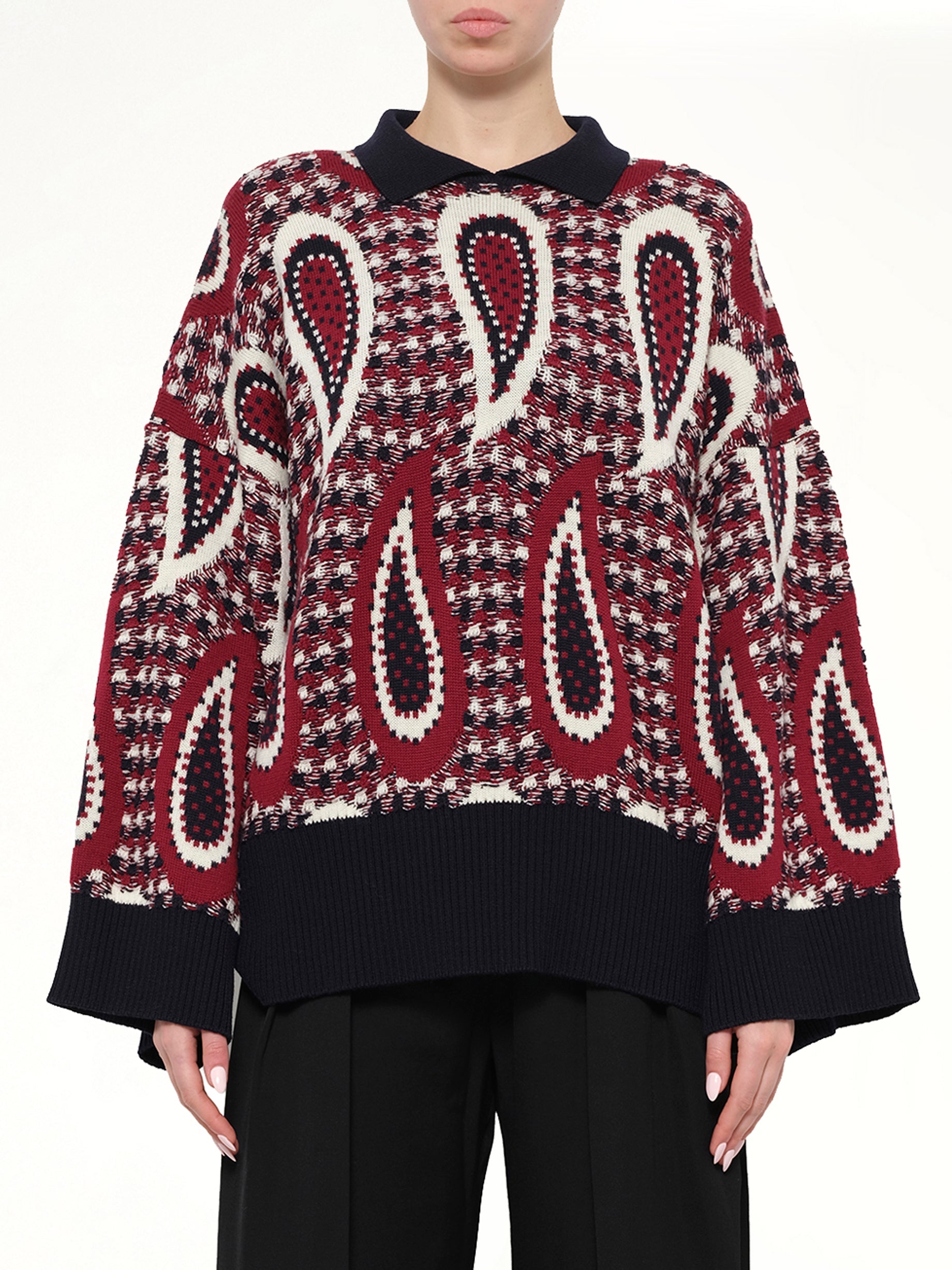 Image of Coats & Jackets. Product name - Paisley Merino Jumper in Scarlet colour by brand - JWA
