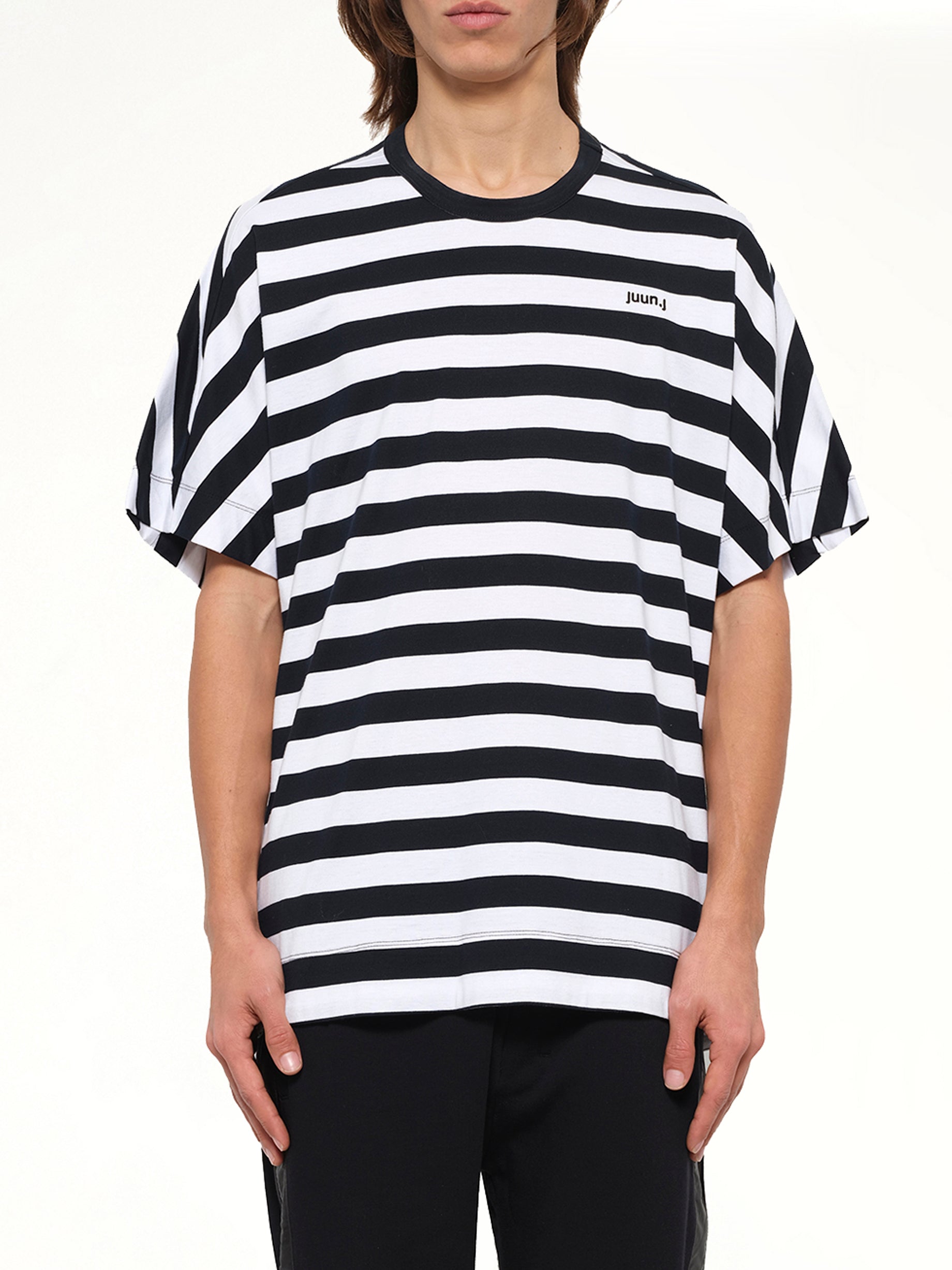 Image of a model wearing Tops. Product name - Striped Top in Black colour by brand - JUUNJ