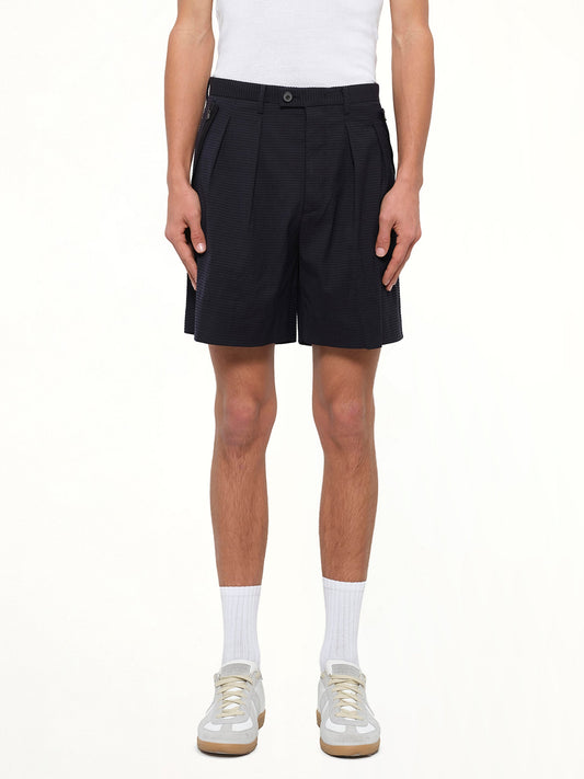Image of a model wearing Pants. Product name - Wooyoungmi Woven Pants in Navy colour by brand - WOOYOUNGMI
