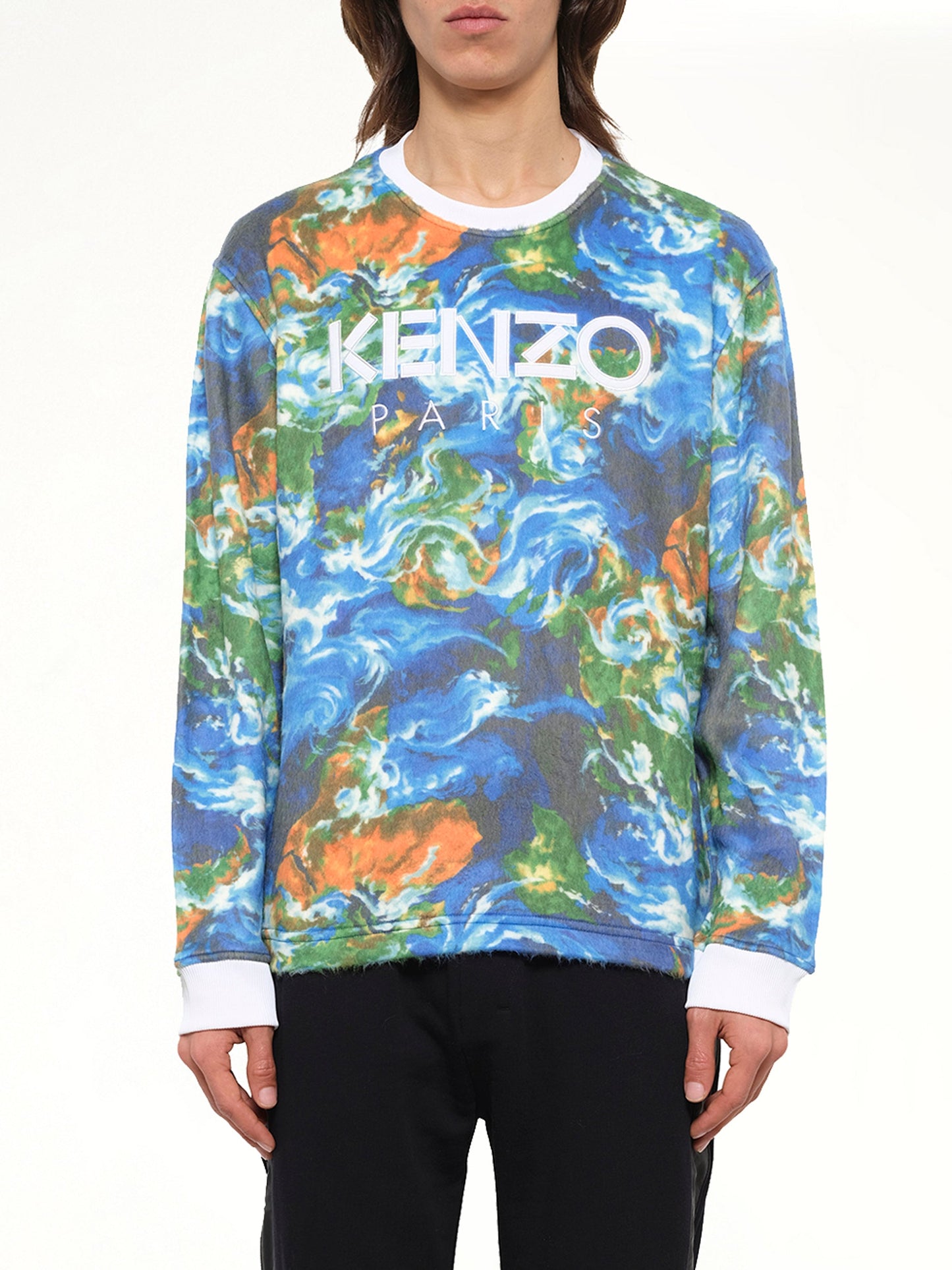 Image of a model wearing Outerwear. Product name - World Fleec Sweatshirt in Cobalt colour by brand - KENZO