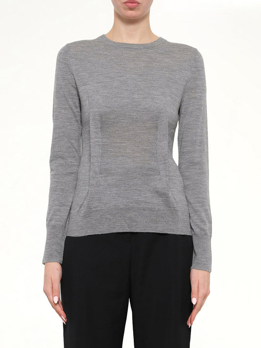 Image of a model wearing Outerwear. Product name - Crewneck Knit With Dart in Grey colour by brand - JWA