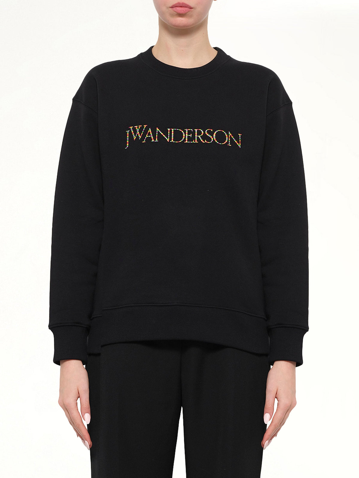 Image of a model wearing Outerwear. Product name - Embroidered Logo Sweatshirt in Black colour by brand - JWA
