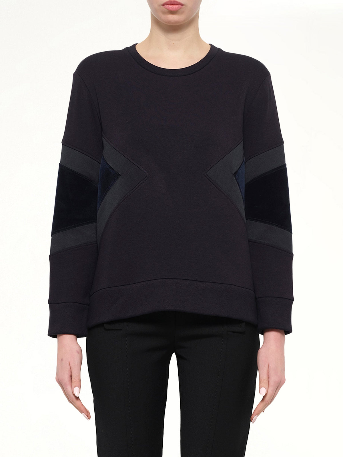 Image of a model wearing Outerwear. Product name - Neil Barrett Sweatshirt in Navy colour by brand - NEIL BARRETT