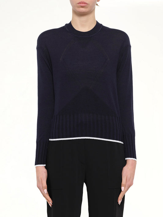 Image of a model wearing Outerwear. Product name - Crew Neck in Midnight colour by brand - KENZO