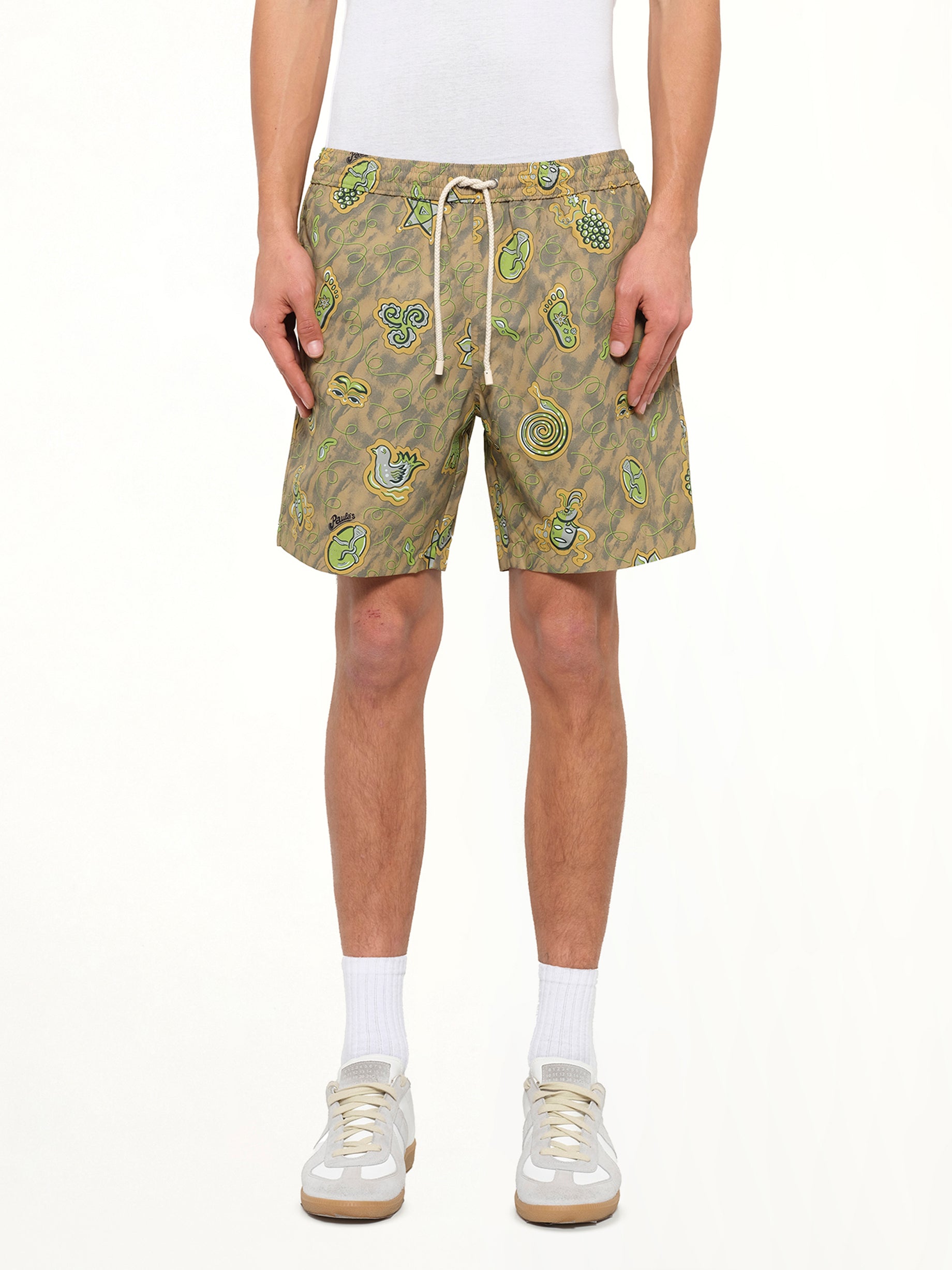 Image of a model wearing Shorts. Product name - Loewe x Paula Printed Swim Shorts in Green colour by brand - LOEWE