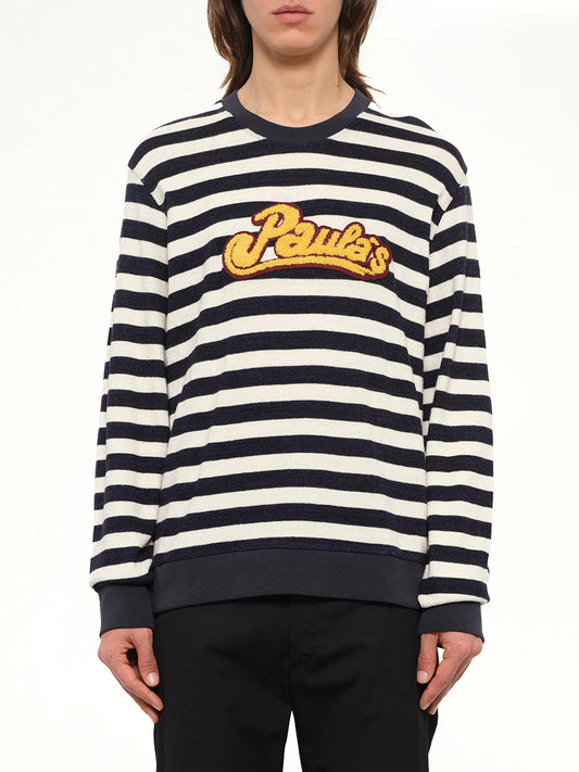 Image of a model wearing Outerwear. Product name - Loewe x Paula Stripe Sweatshirt in White colour by brand - LOEWE