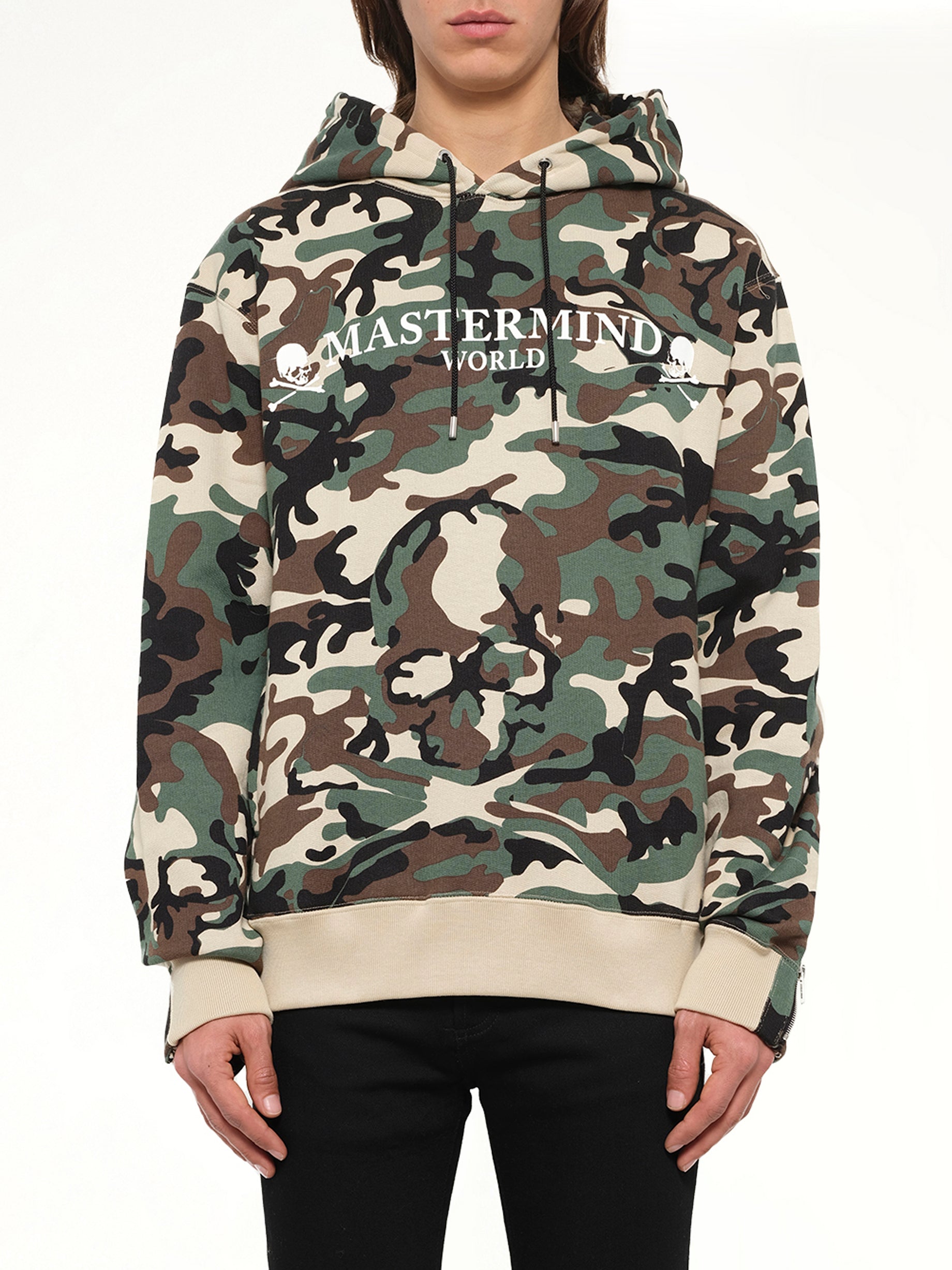 Image of a model wearing Outerwear. Product name - Mastermind Classic Sweatshirt in Camo colour by brand - MASTERMIND