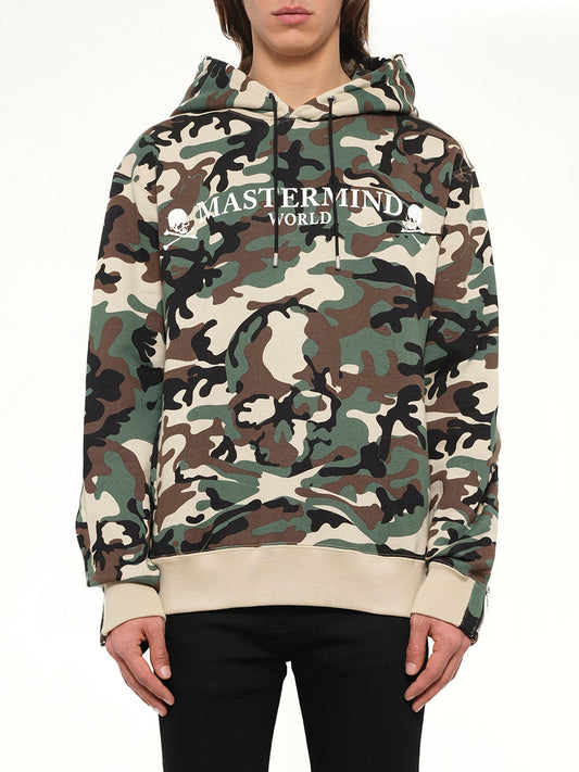 Image of a model wearing Outerwear. Product name - Mastermind Logo Sweatshirt in Camo colour by brand - MASTERMIND