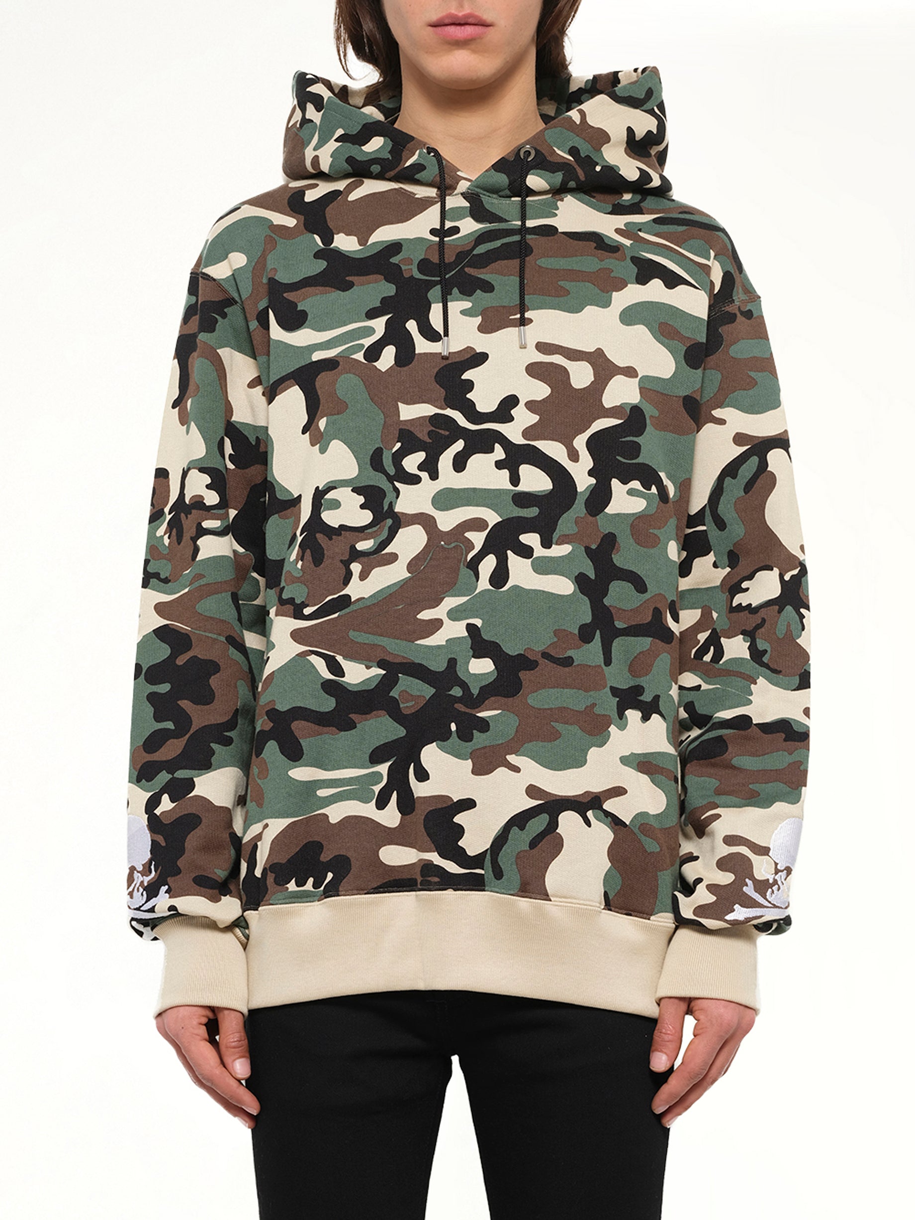 Image of a model wearing Outerwear. Product name - Mastermind Logo Sweatshirt in Camo colour by brand - MASTERMIND