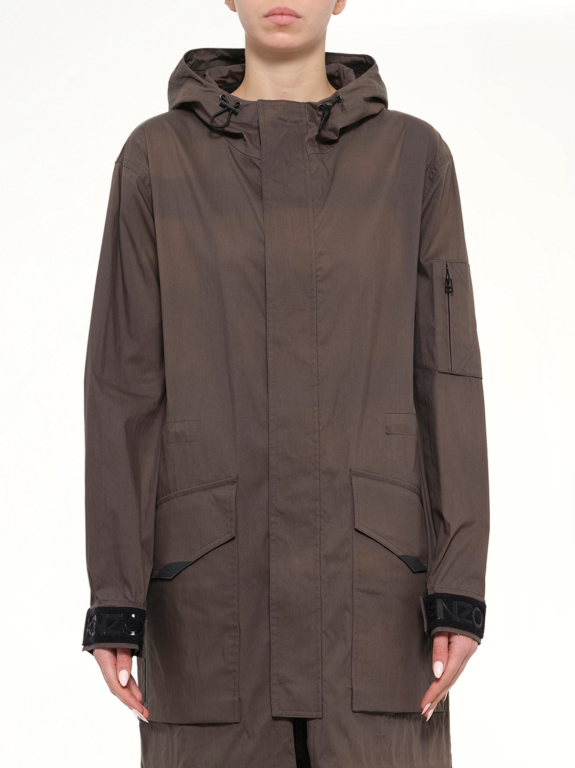 Image of a model wearing Outerwear. Product name - Parka in Anthracite colour by brand - KENZO