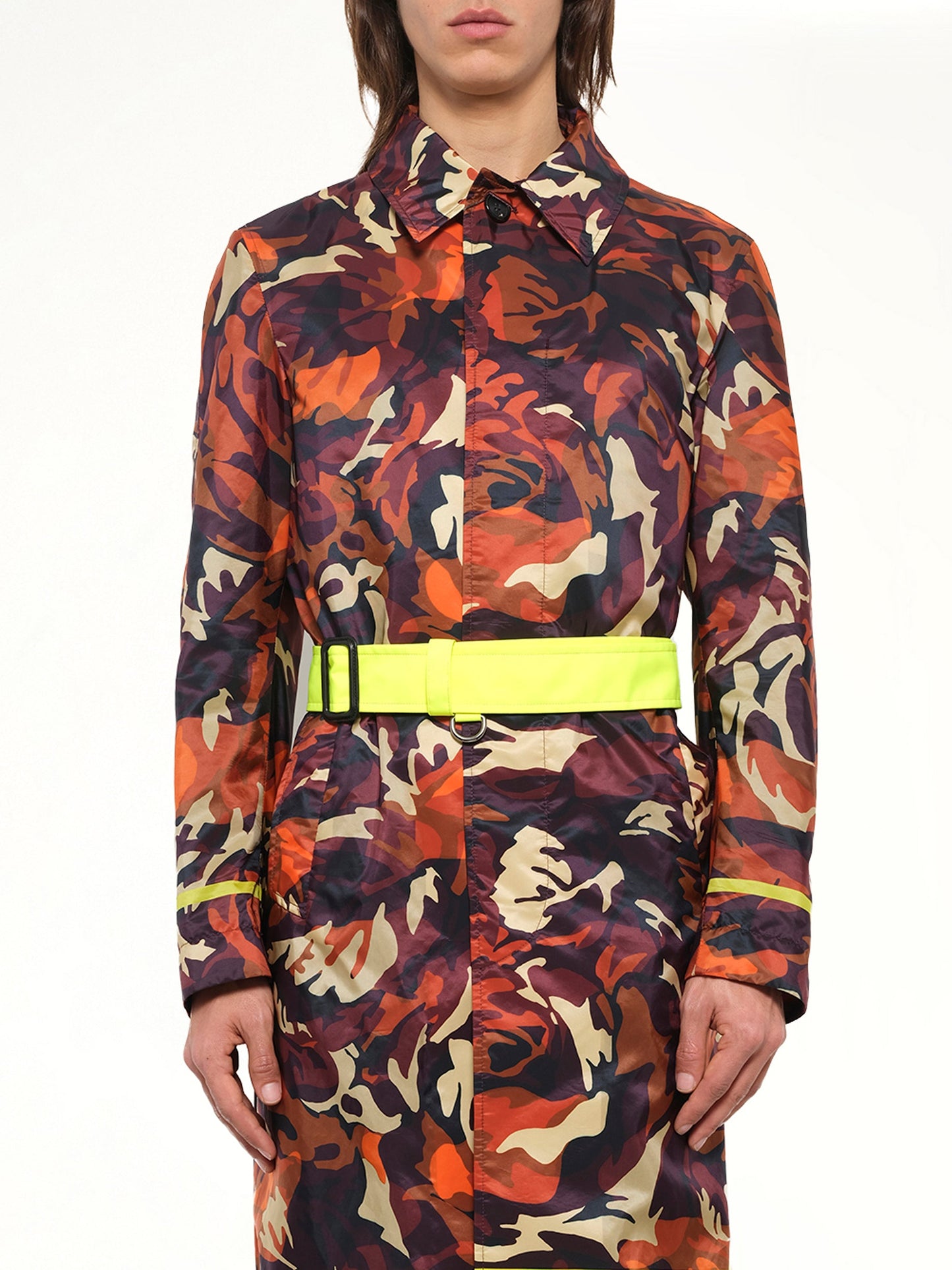 Image of a model wearing Outerwear. Product name - Stripe Ro Coat in Orange colour by brand - ALEXANDER MCQUEEN