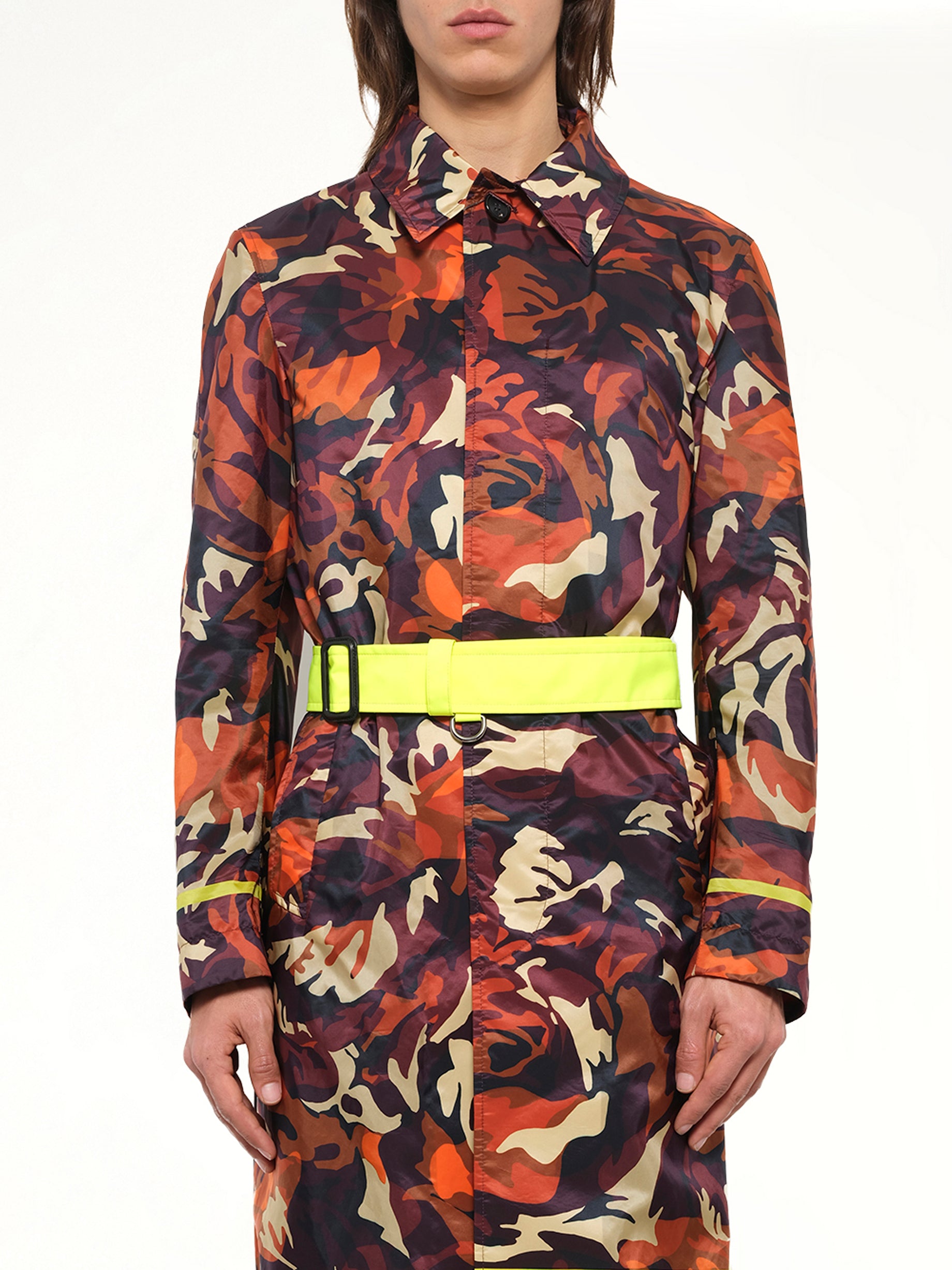 Image of a model wearing Outerwear. Product name - Stripe Ro Coat in Orange colour by brand - ALEXANDER MCQUEEN