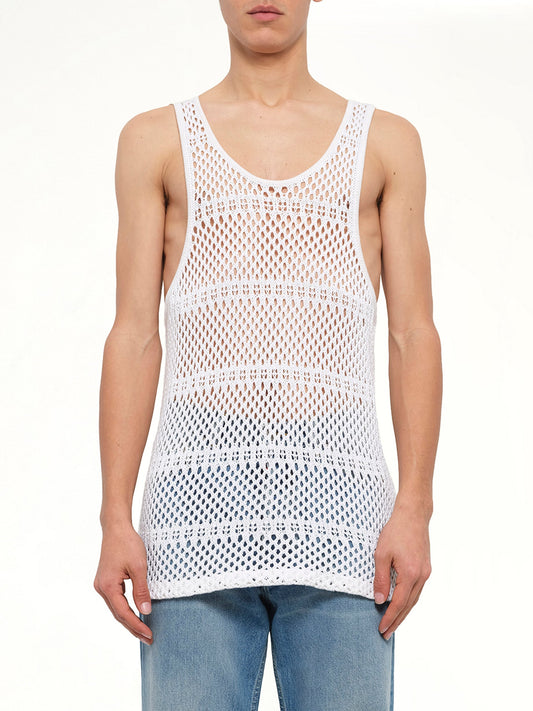 Image of a model wearing Tops. Product name - Crochet Tank Top in White colour by brand - AMIRI