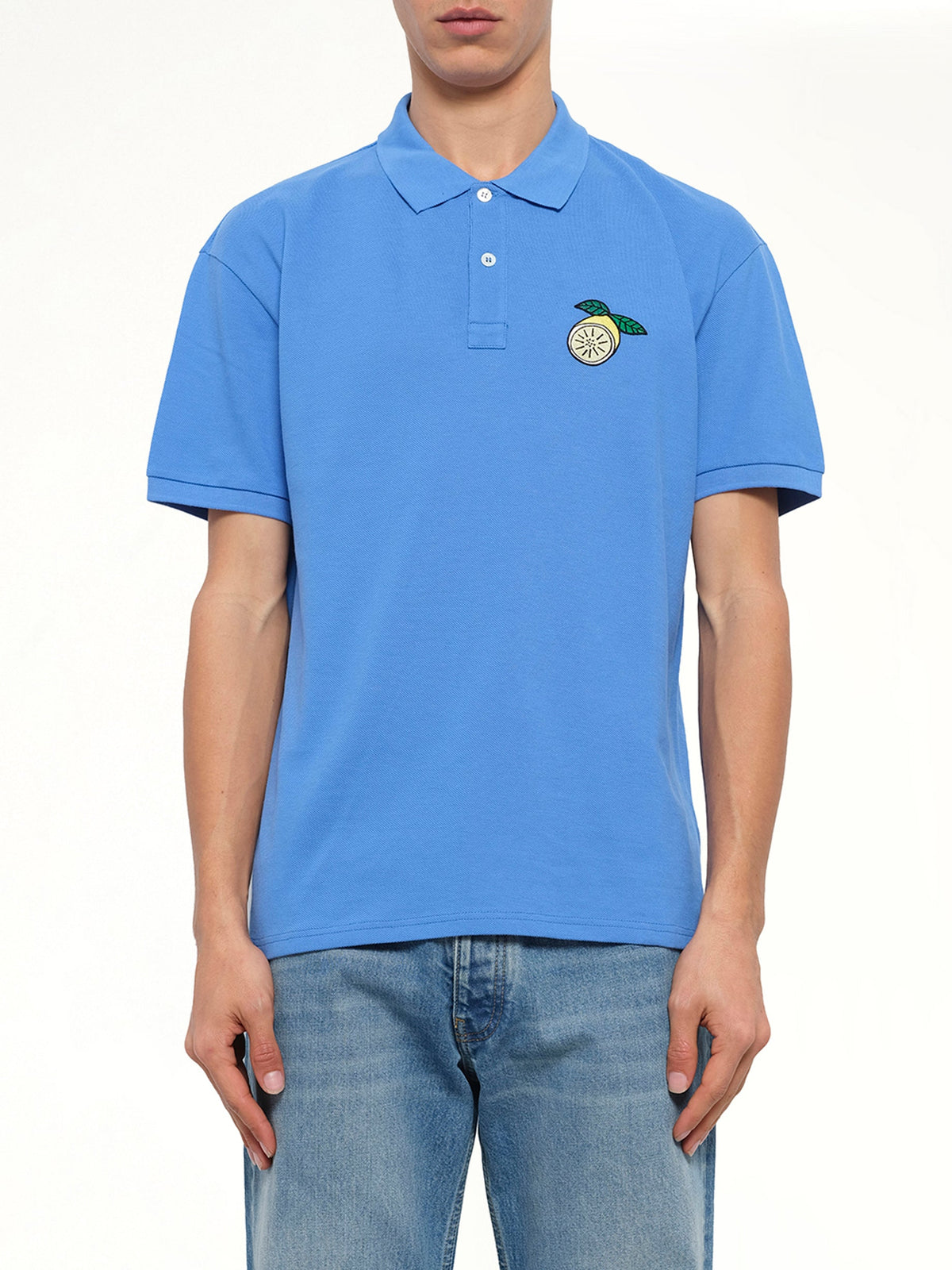 Image of a model wearing Tops. Product name - Fruits Emb Polo in 400 colour by brand - MIX