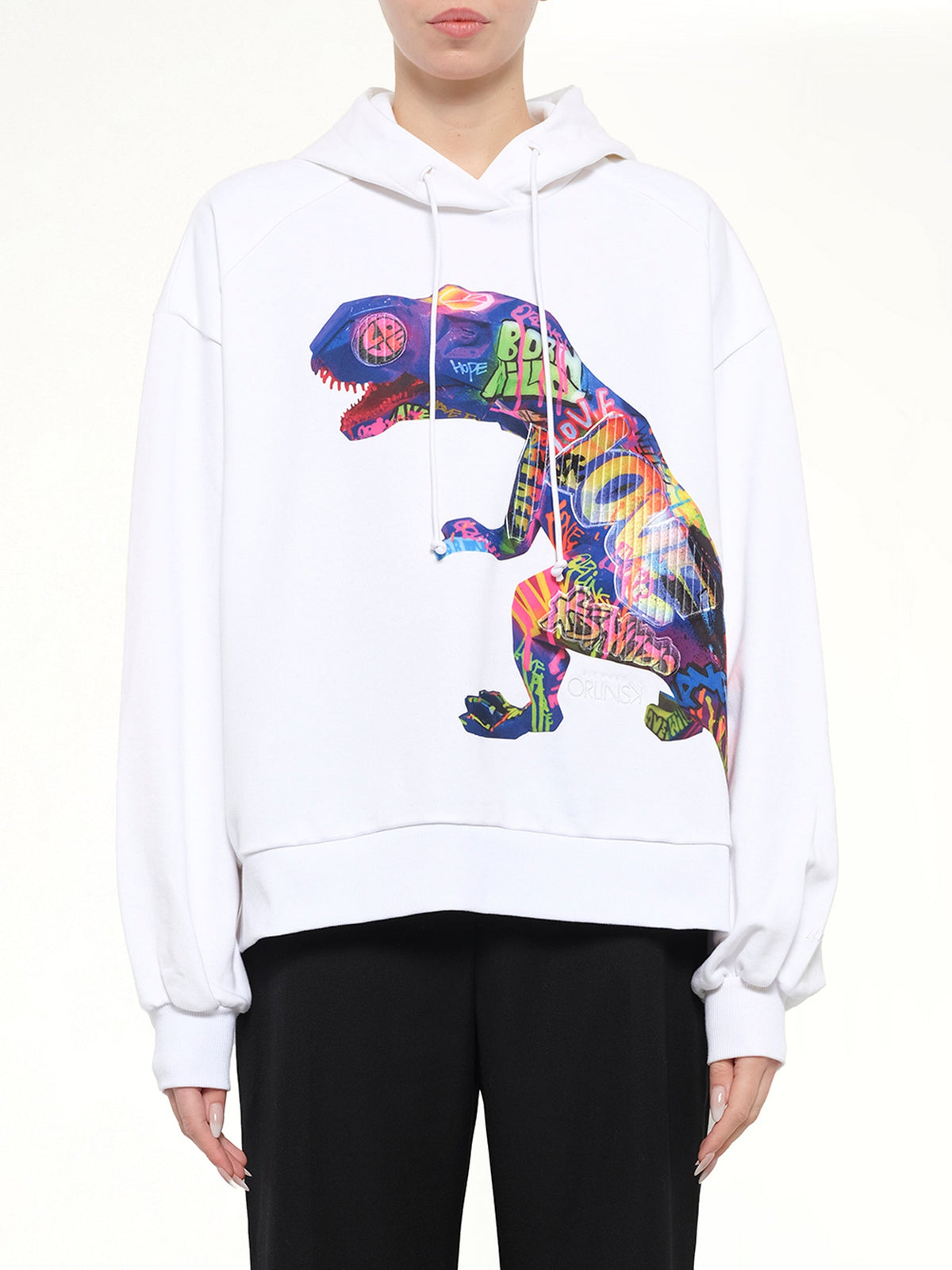 Image of a model wearing Outerwear. Product name - T-Rex Hoodie in White colour by brand - JUUNJ