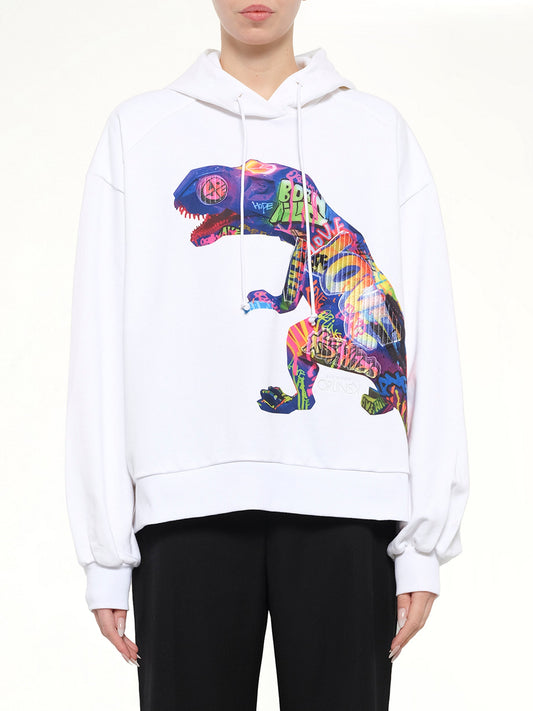 Image of a model wearing Outerwear. Product name - T-Rex Hoodie in White colour by brand - JUUNJ