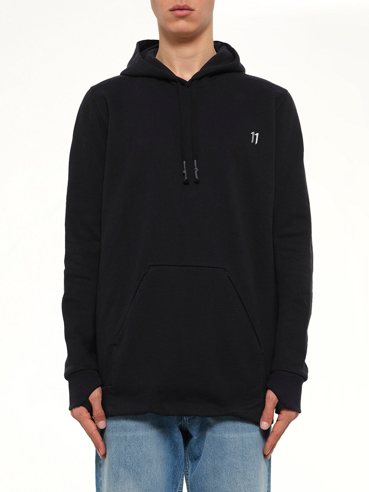 Image of a model wearing Outerwear. Product name - 11 By BBS Logo Do Not Hoodie in Black colour by brand - 11 BY BBS