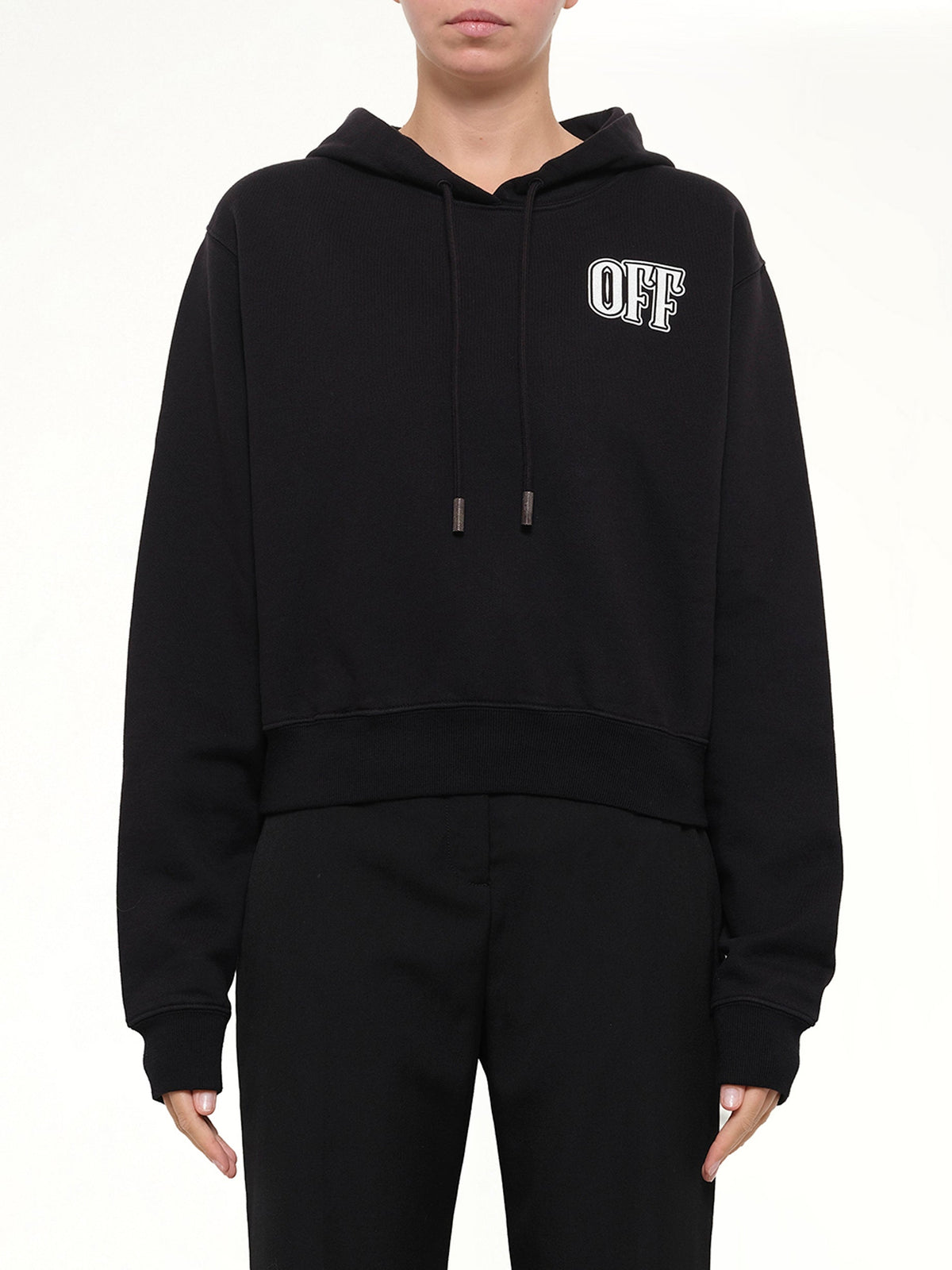 Image of a model wearing Outerwear. Product name - Lips Cropped Hoodie in Black colour by brand - OFF-WHITE