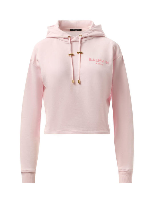 BALMAIN Balmain Flock Detail Cropped Hoodie (Pink)