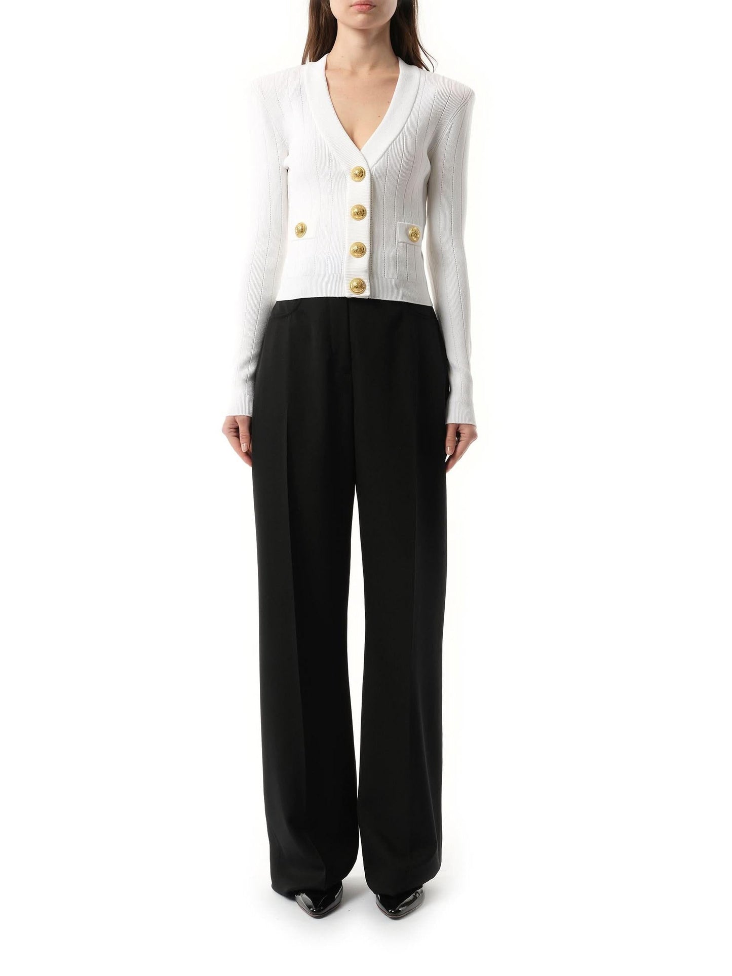 BALMAIN Buttoned Knit Crop Cardigan (White)
