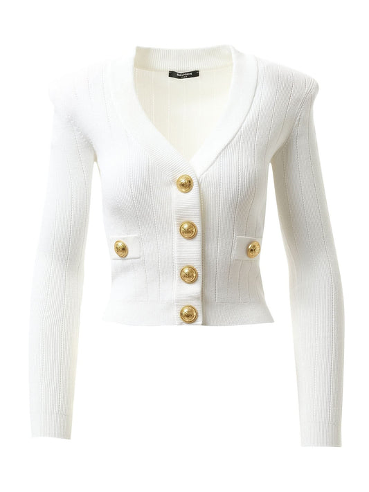 BALMAIN Buttoned Knit Crop Cardigan (White)