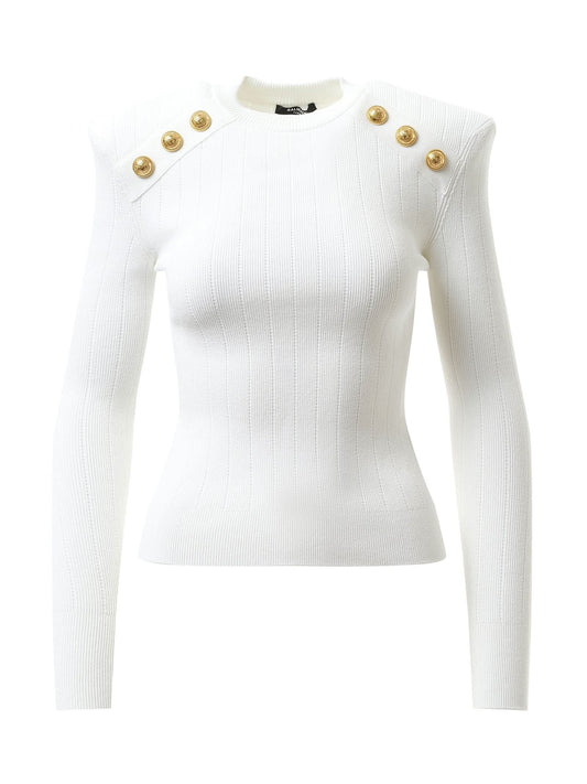 BALMAIN 6 BTN Knit Pullover (White)
