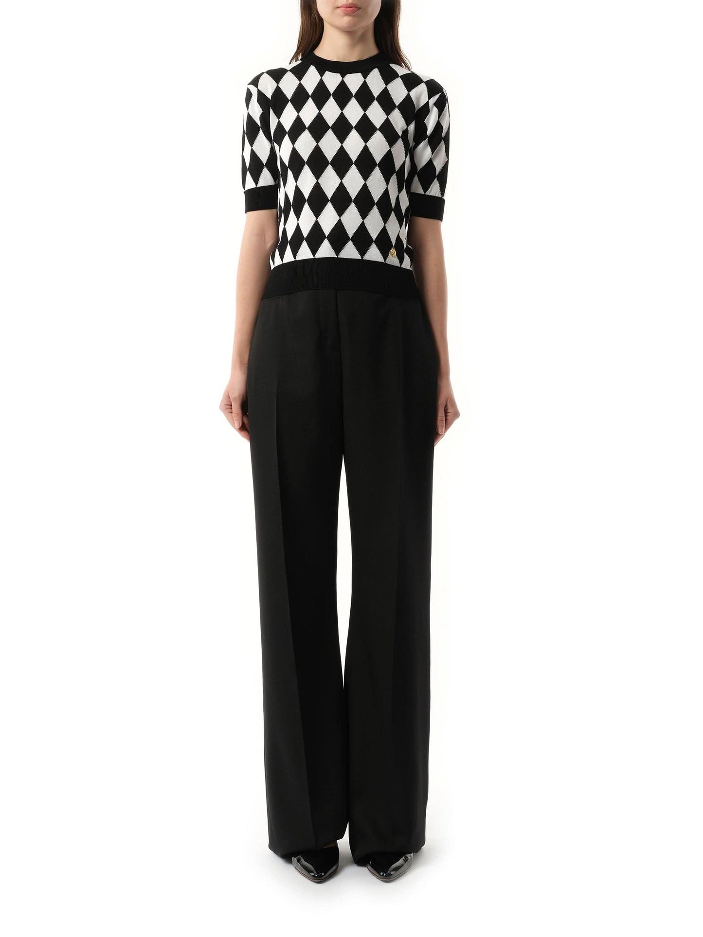 BALMAIN Short Sleeve Diamond Intarsia Knit Top (Black)