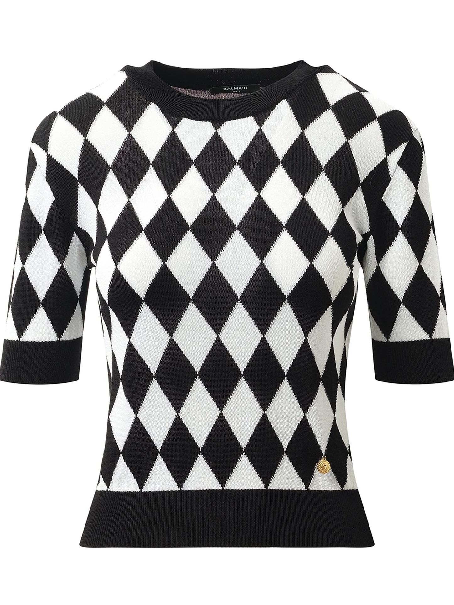 BALMAIN Short Sleeve Diamond Intarsia Knit Top (Black)