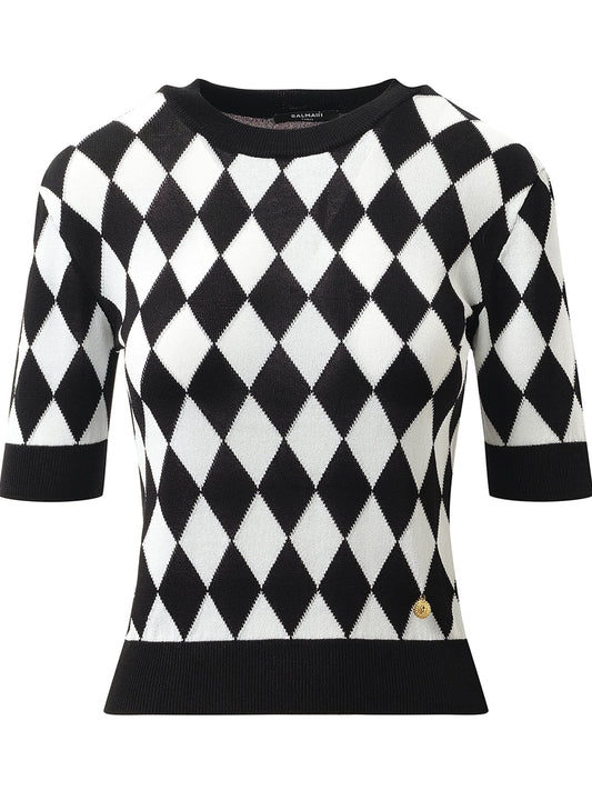 BALMAIN Short Sleeve Diamond Intarsia Knit Top (Black)