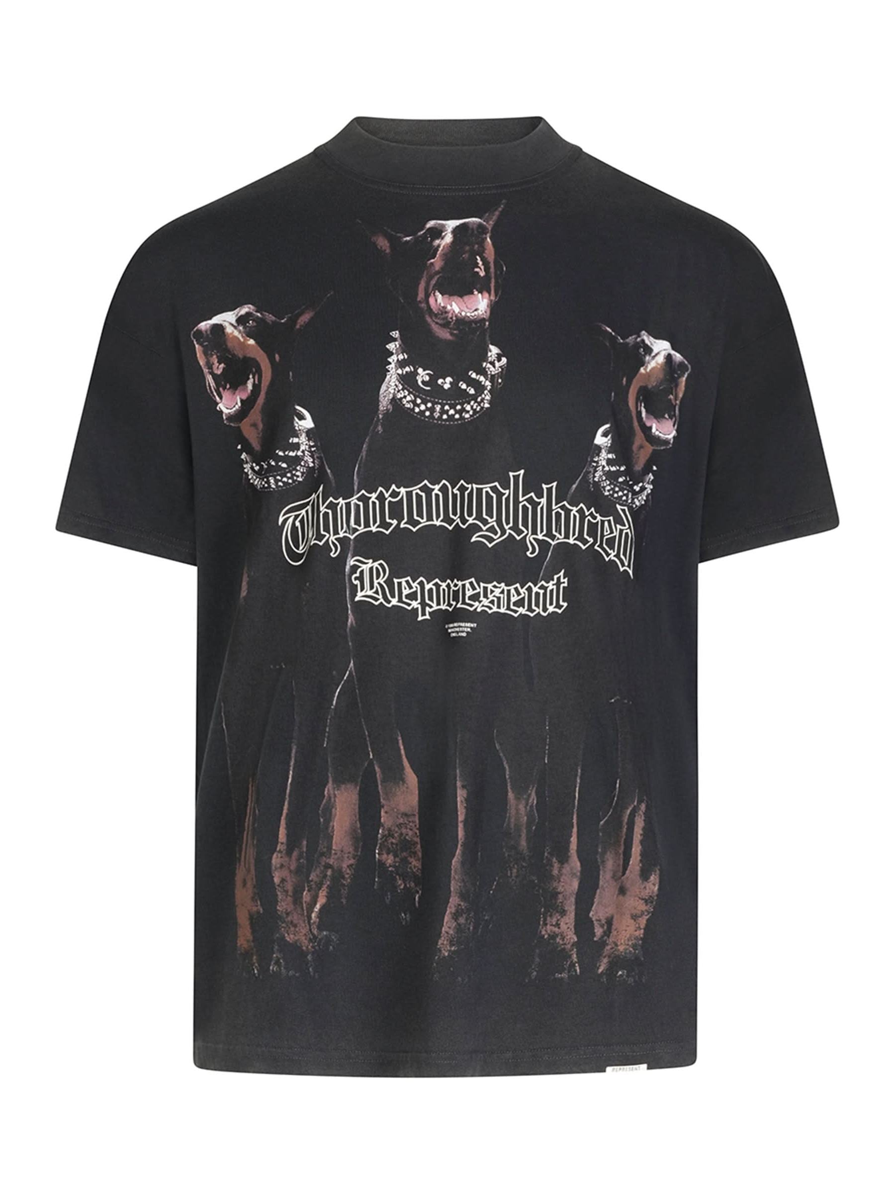 Image of a model wearing Tops. Productname: REPRESENT Thoroughbred T-Shirt in BLACK colour by brand - REPRESENT