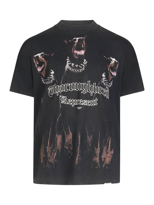 Image of a model wearing Tops. Productname: REPRESENT Thoroughbred T-Shirt in BLACK colour by brand - REPRESENT