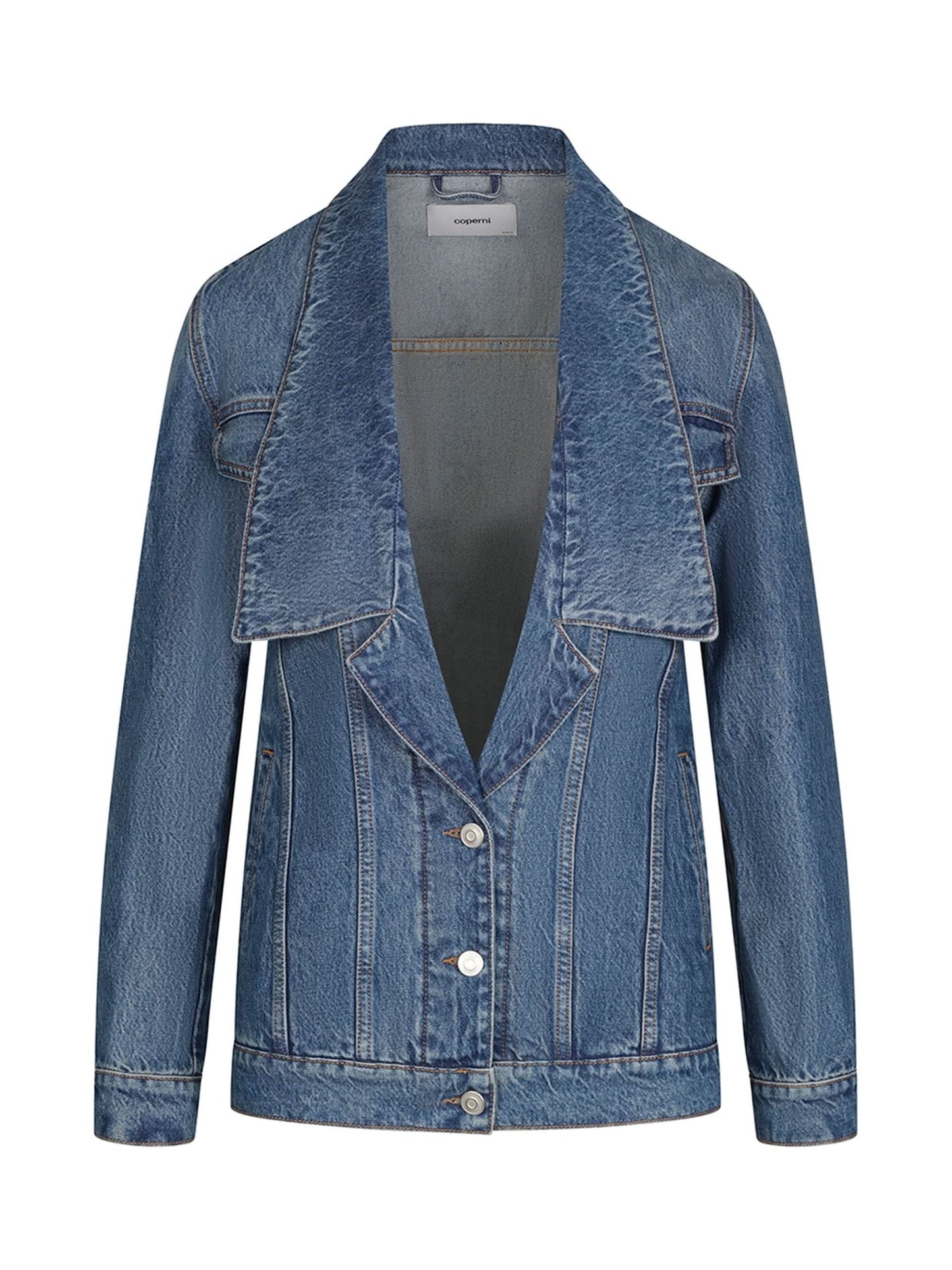 Image of a model wearing Denim. Productname: COPERNI Coperni Denim Jacket in Blue colour by brand - COPERNI