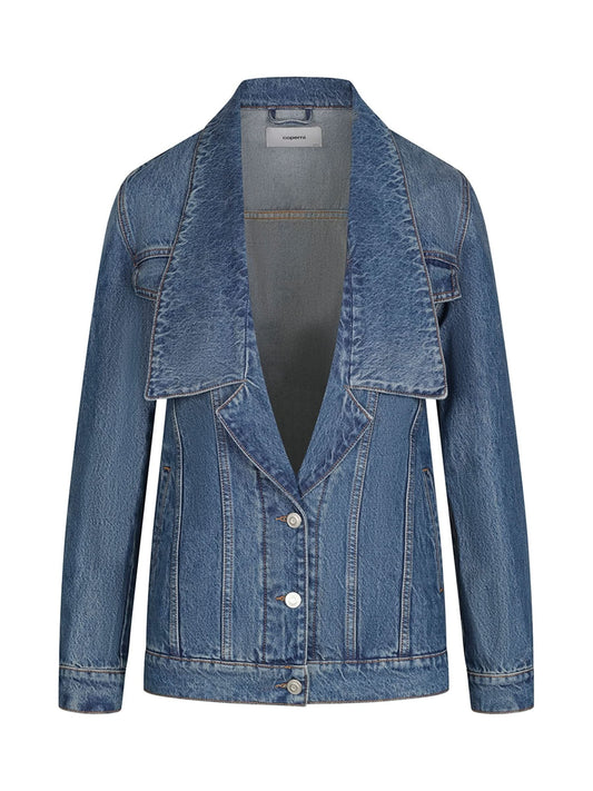 Image of a model wearing Denim. Productname: COPERNI Coperni Denim Jacket in Blue colour by brand - COPERNI