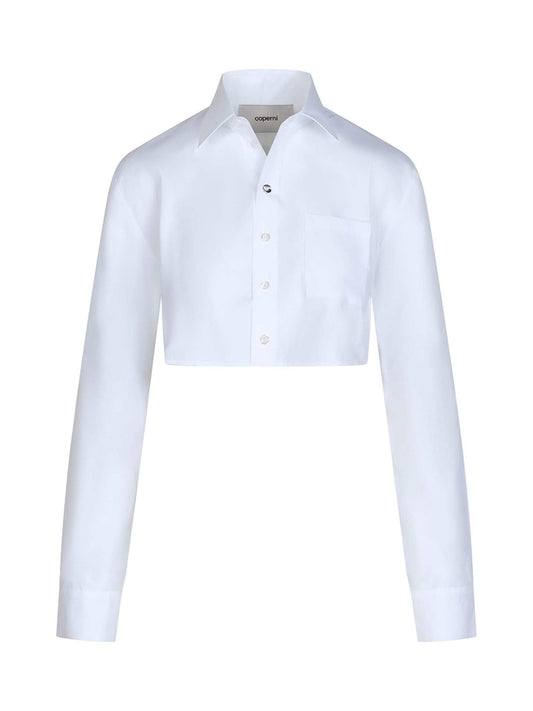 Image of a model wearing Tops. Productname: COPERNI Cropped Shirt in White colour by brand - COPERNI