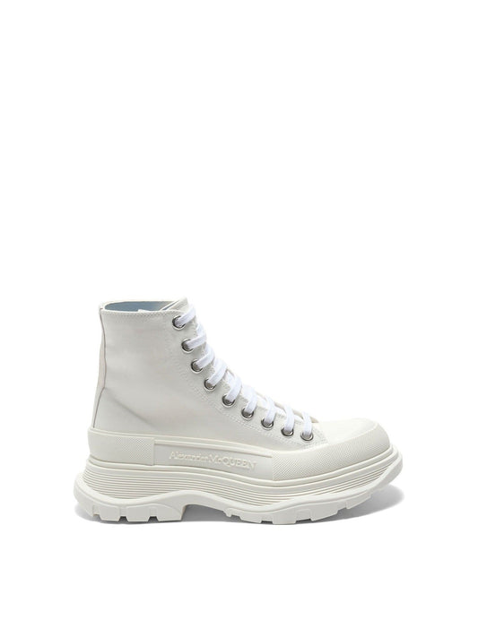 Image of Boots. Productname: ALEXANDER MCQUEEN Tread Slick Canvas Lace-Up Boots in White colour by brand - ALEXANDER MCQUEEN