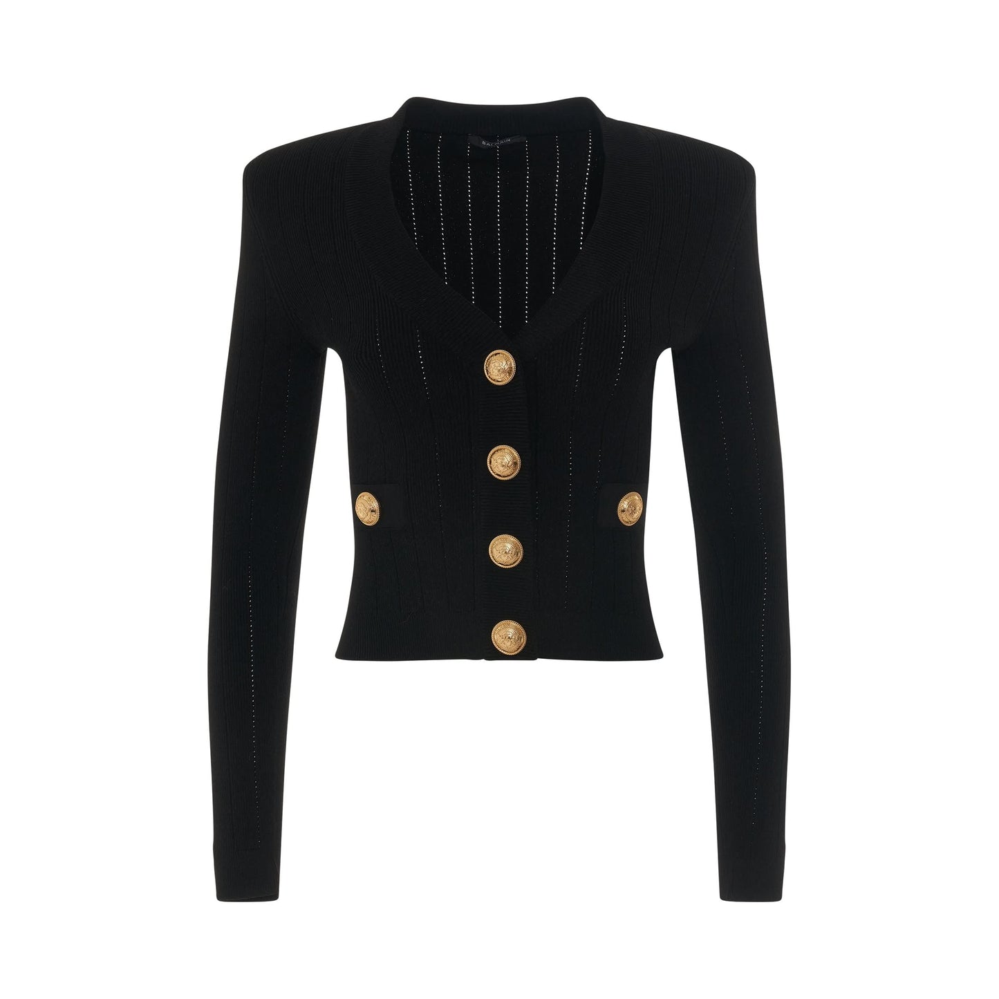 Image of a model wearing Outerwear. Productname: BALMAIN Buttoned Knit Crop Cardigan in BLACK colour by brand - BALMAIN