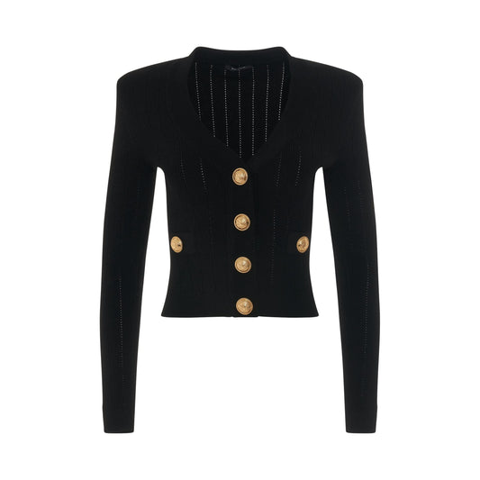 Image of a model wearing Outerwear. Productname: BALMAIN Buttoned Knit Crop Cardigan in BLACK colour by brand - BALMAIN