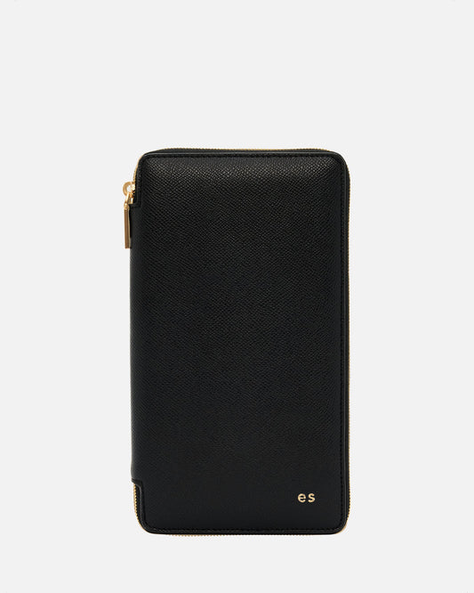 Image of Wallets & Money Clips. Product name - Essentials Zip Travel Wallet Recycled Saffiano Black in Black colour by brand - The Daily Edited
