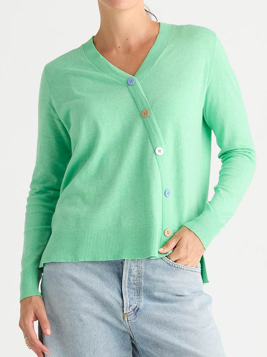 Image of a model wearing Outerwear. Product name - Zaket & Plover Button Angle Top in Jelly Mint colour by brand - Zaket And Plover