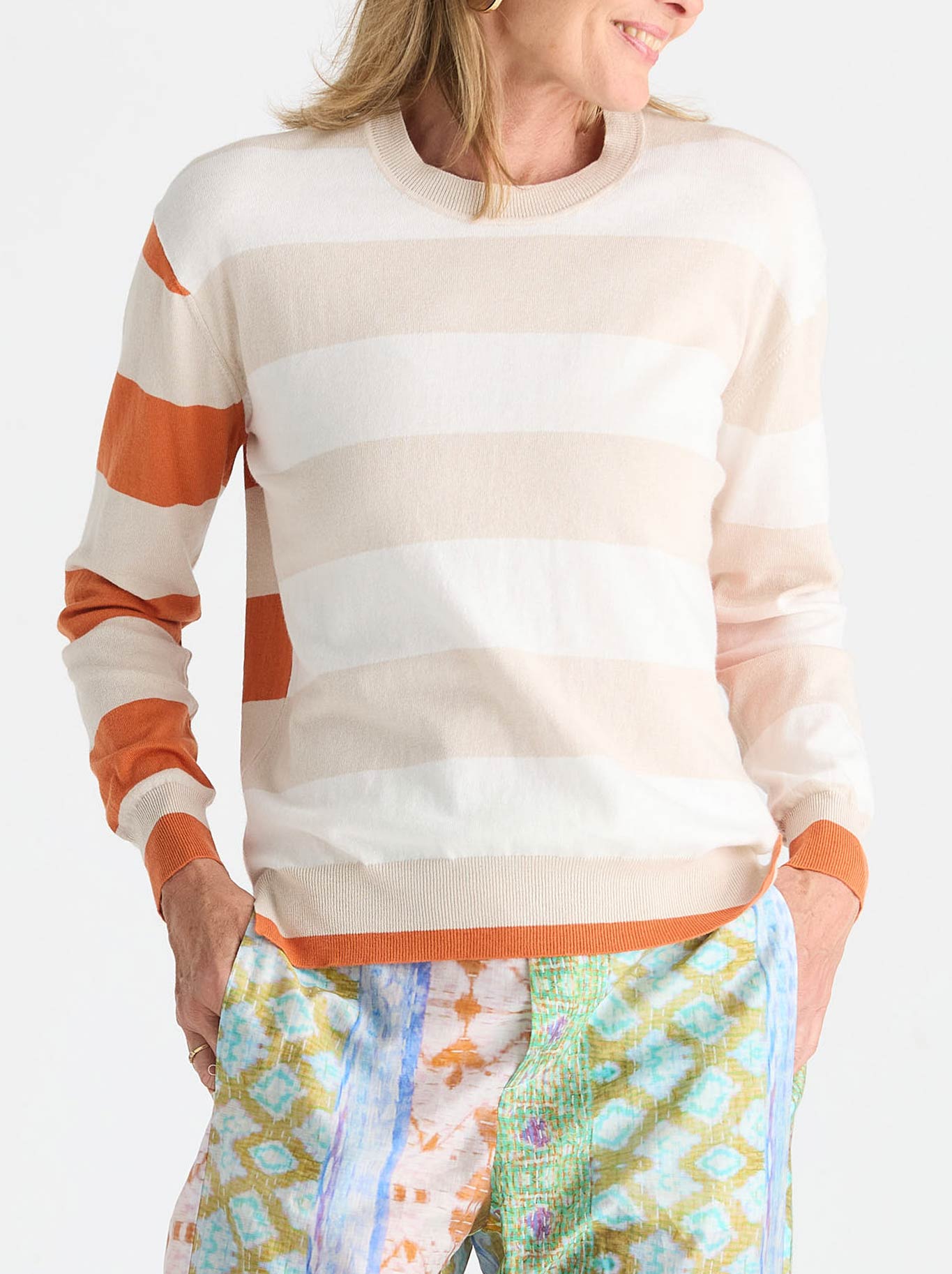 Image of a model wearing Outerwear. Product name - Zaket & Plover Coastal Stripe Knit in Bluebell colour by brand - Zaket And Plover