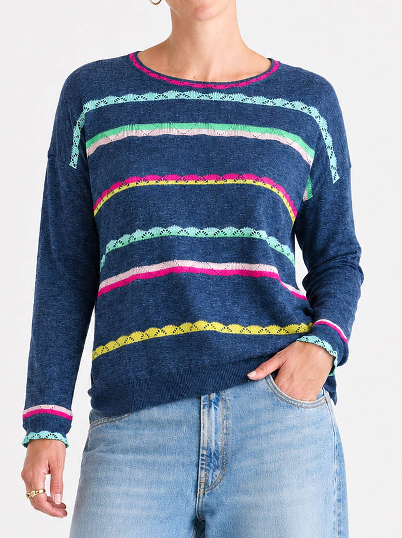 Image of a model wearing Outerwear. Product name - Zaket & Plover Lace Pop Knit in Denim colour by brand - Zaket And Plover