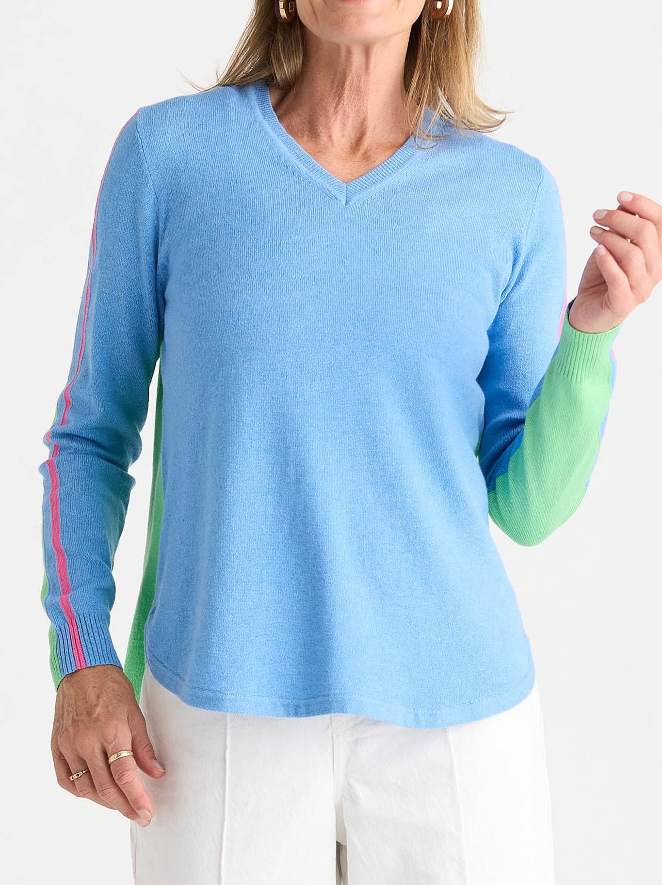 Image of a model wearing Outerwear. Product name - Zaket & Plover Rounded Bottom Vee in Bluebell colour by brand - Zaket And Plover