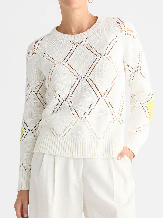 Image of a model wearing Outerwear. Product name - Zaket & Plover Diamond Detail Jumper in White colour by brand - Zaket And Plover