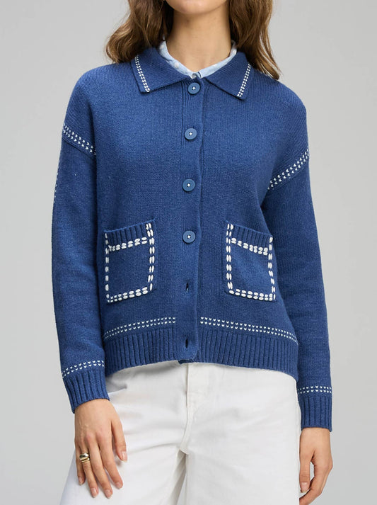 Image of a model wearing Outerwear. Productname: Zaket & Plover Tailored Cardigan in Indigo colour by brand - Zaket And Plover