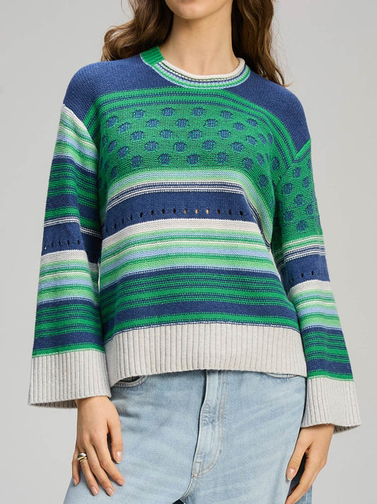 Image of a model wearing Outerwear. Product name - ZAKET & PLOVER STRIPE POP JUMPER in Parsley colour by brand - Zaket And Plover