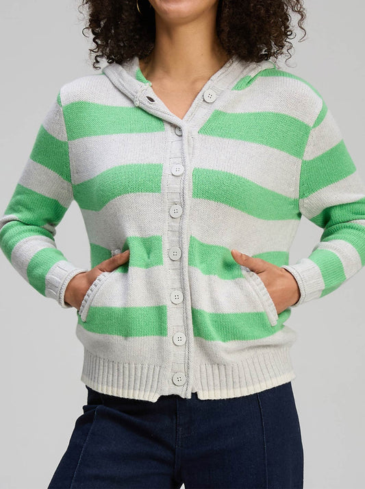 Image of a model wearing Outerwear. Product name - ZAKET & PLOVER EASY STRIPES HOODIE in Mercury colour by brand - Zaket And Plover