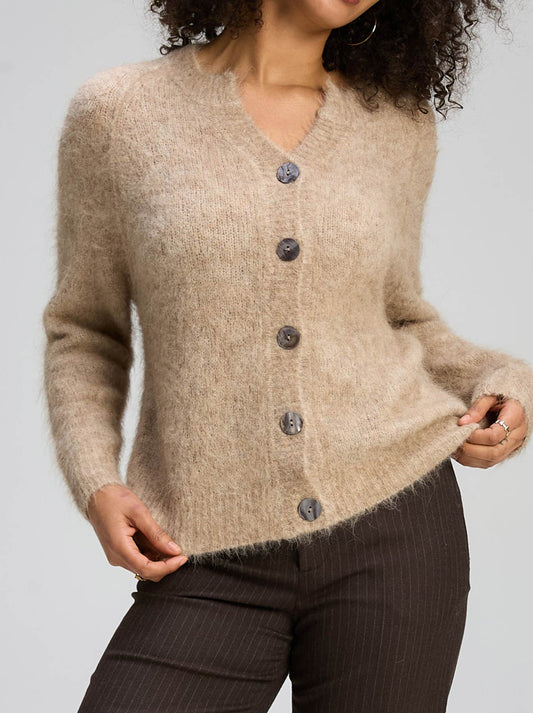 Image of a model wearing Outerwear. Product name - ZAKET & PLOVER ALPACA CARDI in Bark colour by brand - Zaket And Plover