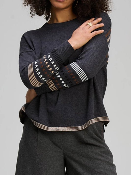 Image of a model wearing Outerwear. Product name - ZAKET & PLOVER TEXTURED SWING JUMPER in Dark Denim colour by brand - Zaket And Plover